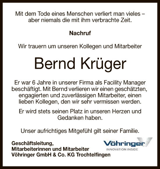 Anzeige von Bernd Krüger von Reutlinger General-Anzeiger