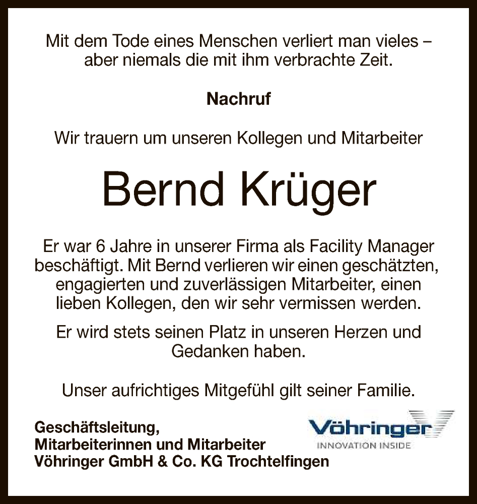  Traueranzeige für Bernd Krüger vom 13.12.2023 aus Reutlinger General-Anzeiger