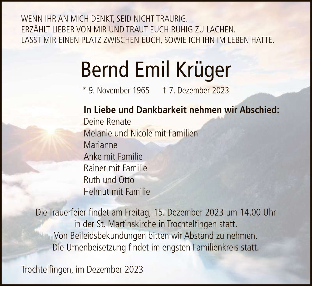  Traueranzeige für Bernd Emil Krüger vom 13.12.2023 aus Reutlinger General-Anzeiger