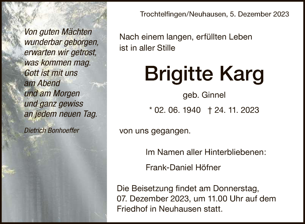  Traueranzeige für Brigitte Karg vom 05.12.2023 aus Reutlinger General-Anzeiger