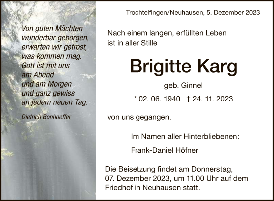 Anzeige von Brigitte Karg von Reutlinger General-Anzeiger