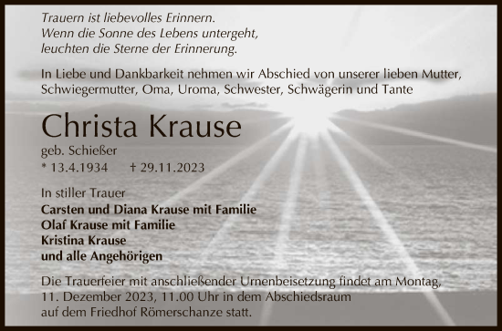 Anzeige von Christa Krause von Reutlinger General-Anzeiger
