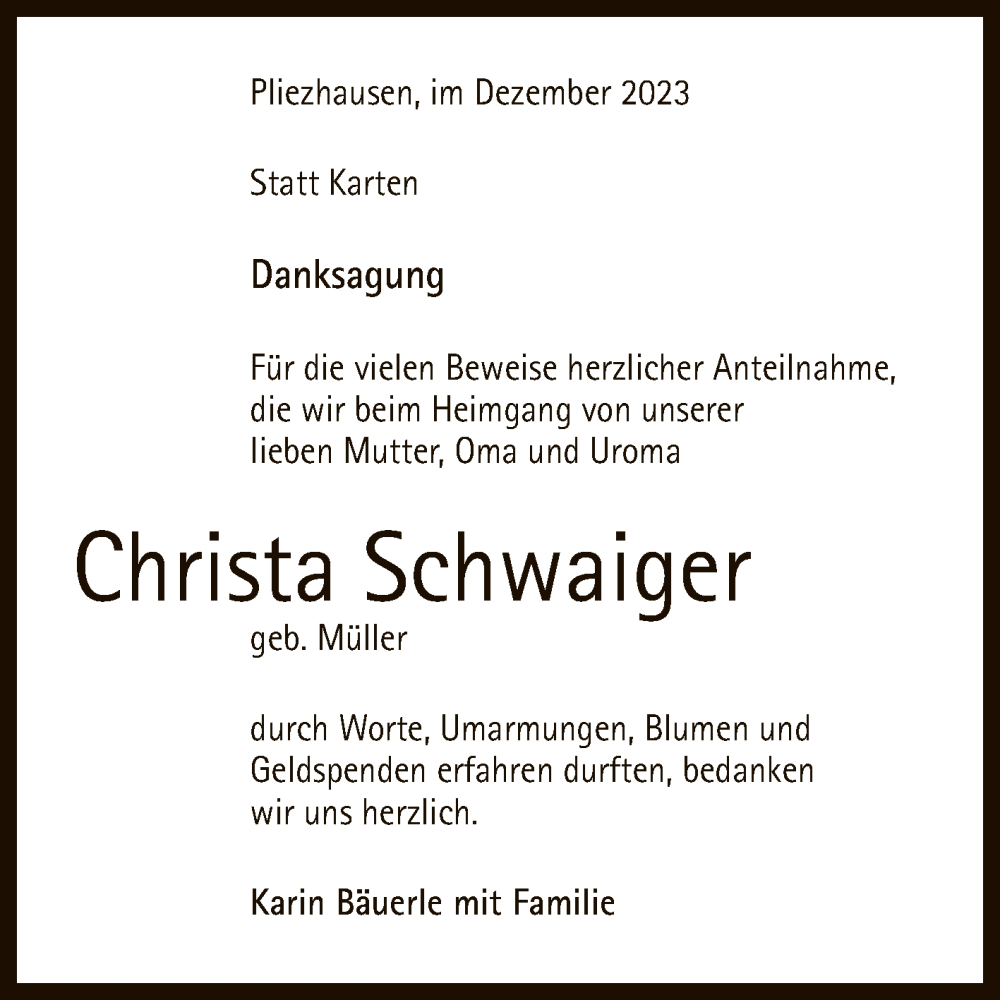  Traueranzeige für Christa Schwaiger vom 27.12.2023 aus Reutlinger General-Anzeiger