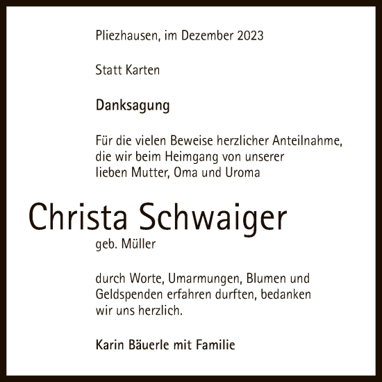 Anzeige von Christa Schwaiger von Reutlinger General-Anzeiger