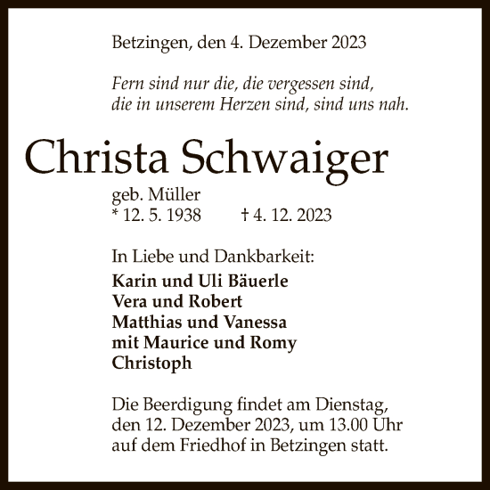 Anzeige von Christa Schwaiger von Reutlinger General-Anzeiger