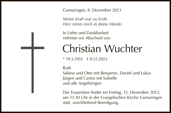 Anzeige von Christian Wuchter von Reutlinger General-Anzeiger