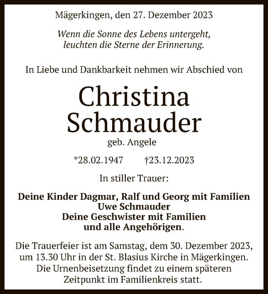 Anzeige von Christina Schmauder von Reutlinger General-Anzeiger