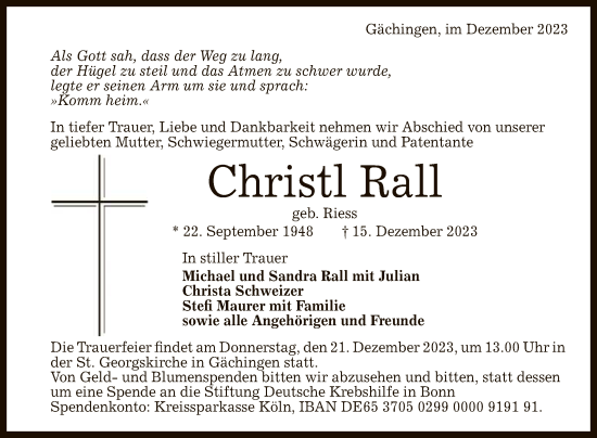 Anzeige von Christl Rall von Reutlinger General-Anzeiger