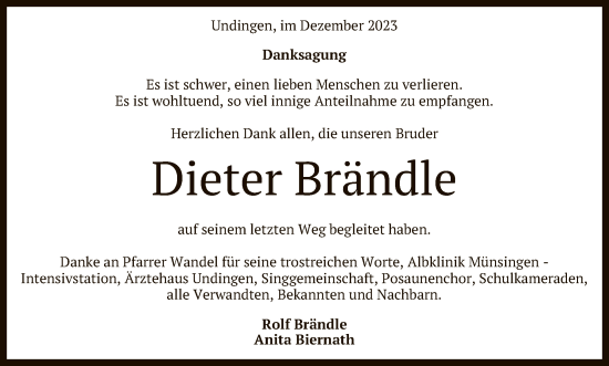 Anzeige von Dieter Brändle von Reutlinger General-Anzeiger