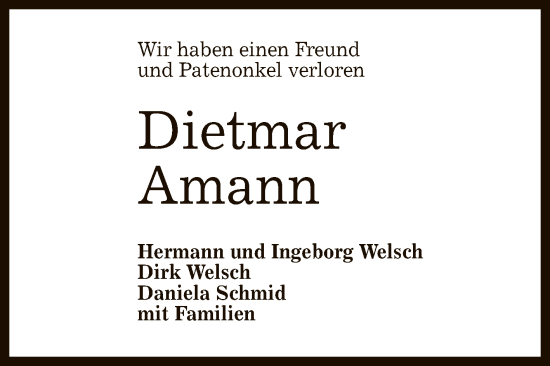 Anzeige von Dietmar Amann von Reutlinger General-Anzeiger