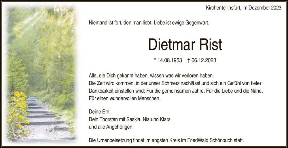  Traueranzeige für Dietmar Rist vom 16.12.2023 aus Reutlinger General-Anzeiger