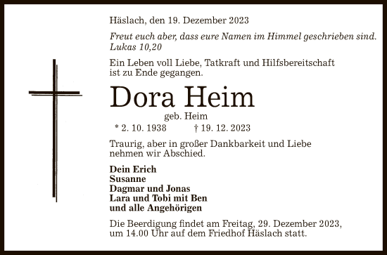 Anzeige von Dora Heim von Reutlinger General-Anzeiger
