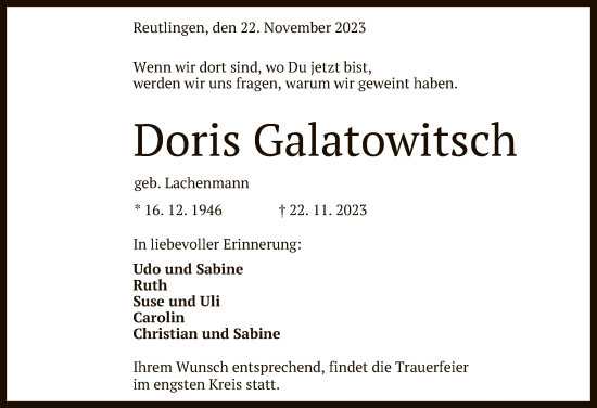 Anzeige von Doris Galatowitsch von Reutlinger General-Anzeiger