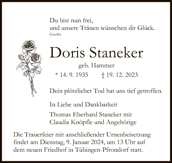 Anzeige von Doris Staneker von Reutlinger General-Anzeiger