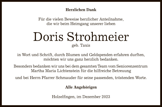 Anzeige von Doris Strohmeier von Reutlinger General-Anzeiger