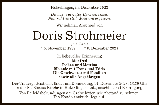 Anzeige von Doris Strohmeier von Reutlinger General-Anzeiger