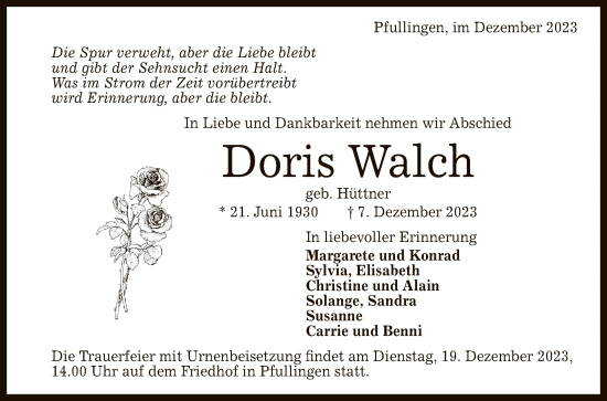 Anzeige von Doris Walch von Reutlinger General-Anzeiger