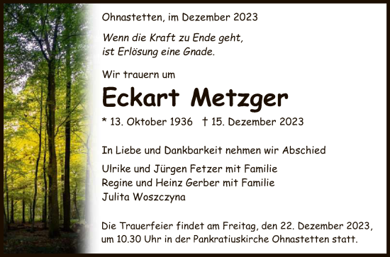 Anzeige von Eckart Metzger von Reutlinger General-Anzeiger
