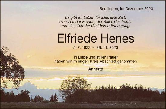 Anzeige von Elfriede Henes von Reutlinger General-Anzeiger