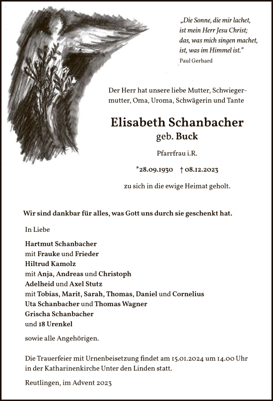 Anzeige von Elisabeth Schanbacher von Reutlinger General-Anzeiger