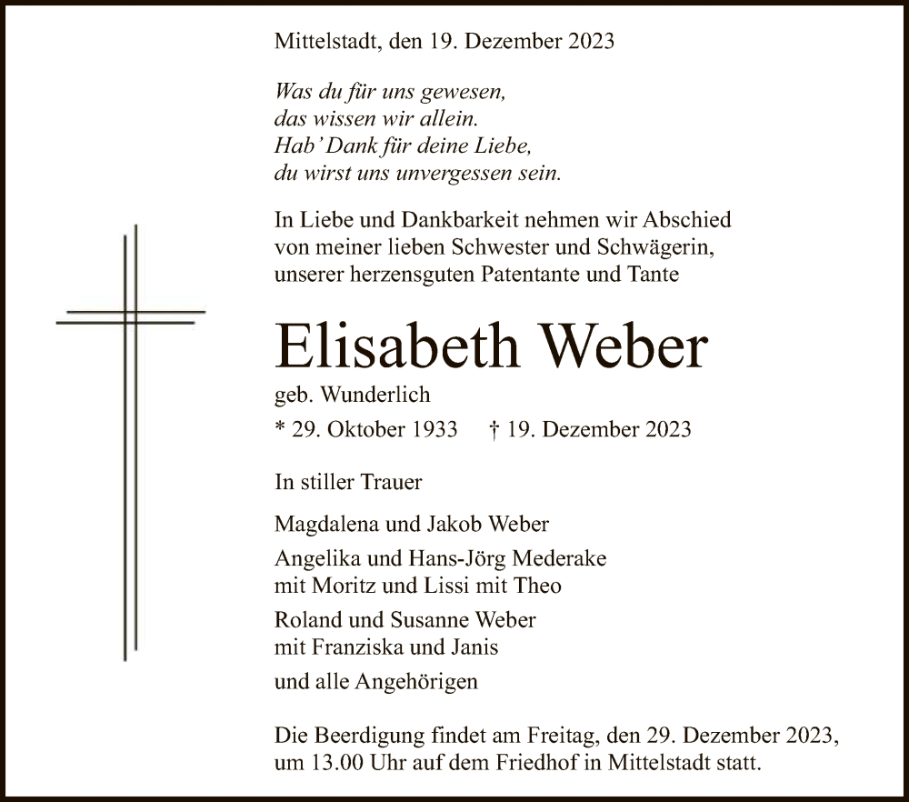  Traueranzeige für Elisabeth Weber vom 23.12.2023 aus Reutlinger General-Anzeiger