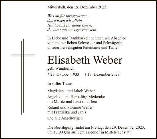 Anzeige von Elisabeth Weber von Reutlinger General-Anzeiger