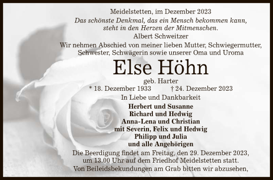 Anzeige von Else Höhn von Reutlinger General-Anzeiger