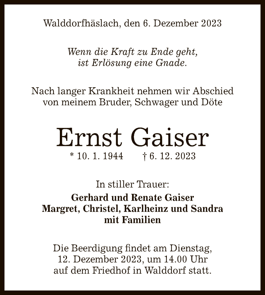  Traueranzeige für Ernst Gaiser vom 08.12.2023 aus Reutlinger General-Anzeiger