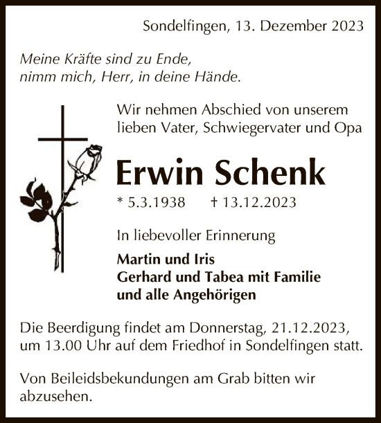 Anzeige von Erwin Schenk von Reutlinger General-Anzeiger