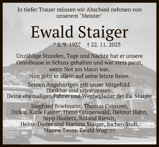 Anzeige von Ewald Staiger von Reutlinger General-Anzeiger