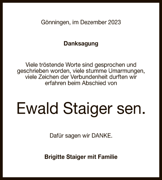 Anzeige von Ewald Staiger von Reutlinger General-Anzeiger
