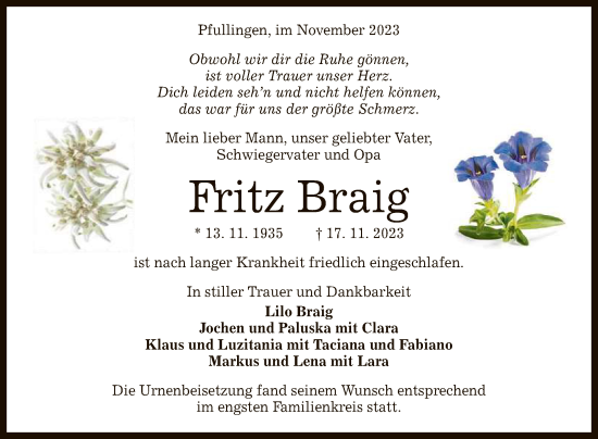 Anzeige von Fritz Braig von Reutlinger General-Anzeiger
