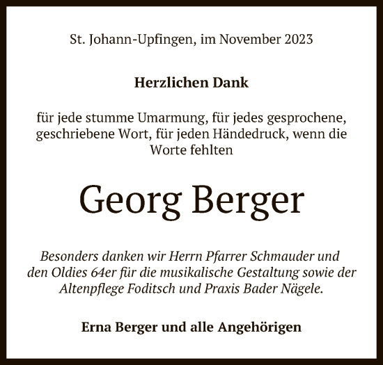 Anzeige von Georg Berger von Reutlinger General-Anzeiger