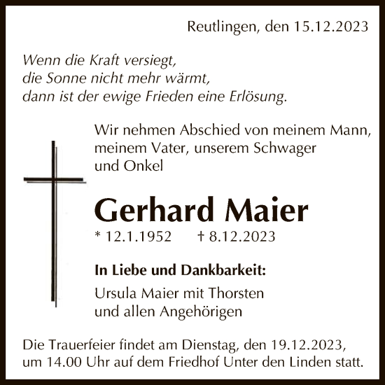 Anzeige von Gerhard Maier von Reutlinger General-Anzeiger