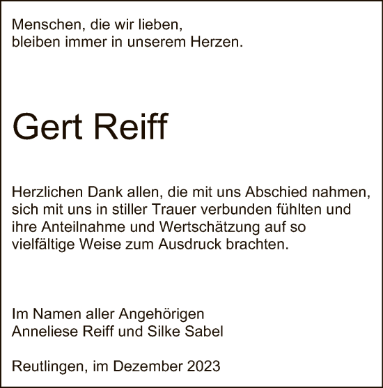 Anzeige von Gert Reiff von Reutlinger General-Anzeiger