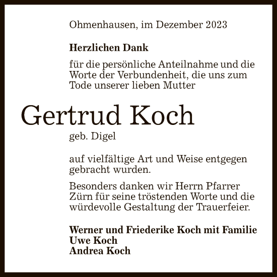 Anzeige von Gertrud Koch von Reutlinger General-Anzeiger