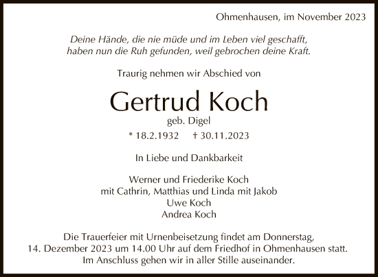 Anzeige von Gertrud Koch von Reutlinger General-Anzeiger