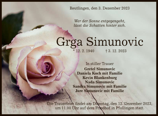 Anzeige von Grga Simunovic von Reutlinger General-Anzeiger