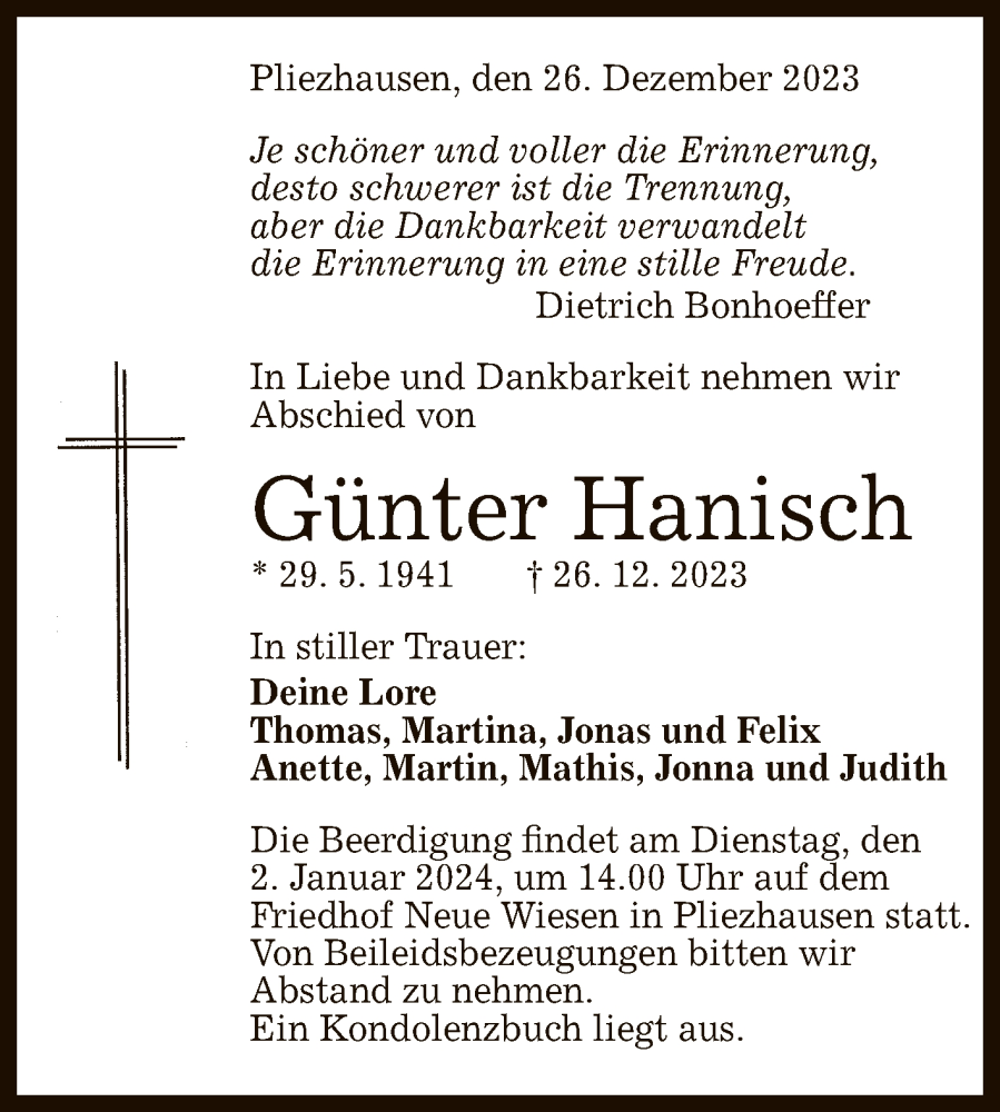  Traueranzeige für Günter Hanisch vom 30.12.2023 aus Reutlinger General-Anzeiger