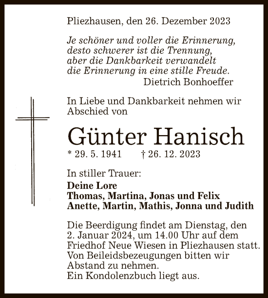Anzeige von Günter Hanisch von Reutlinger General-Anzeiger