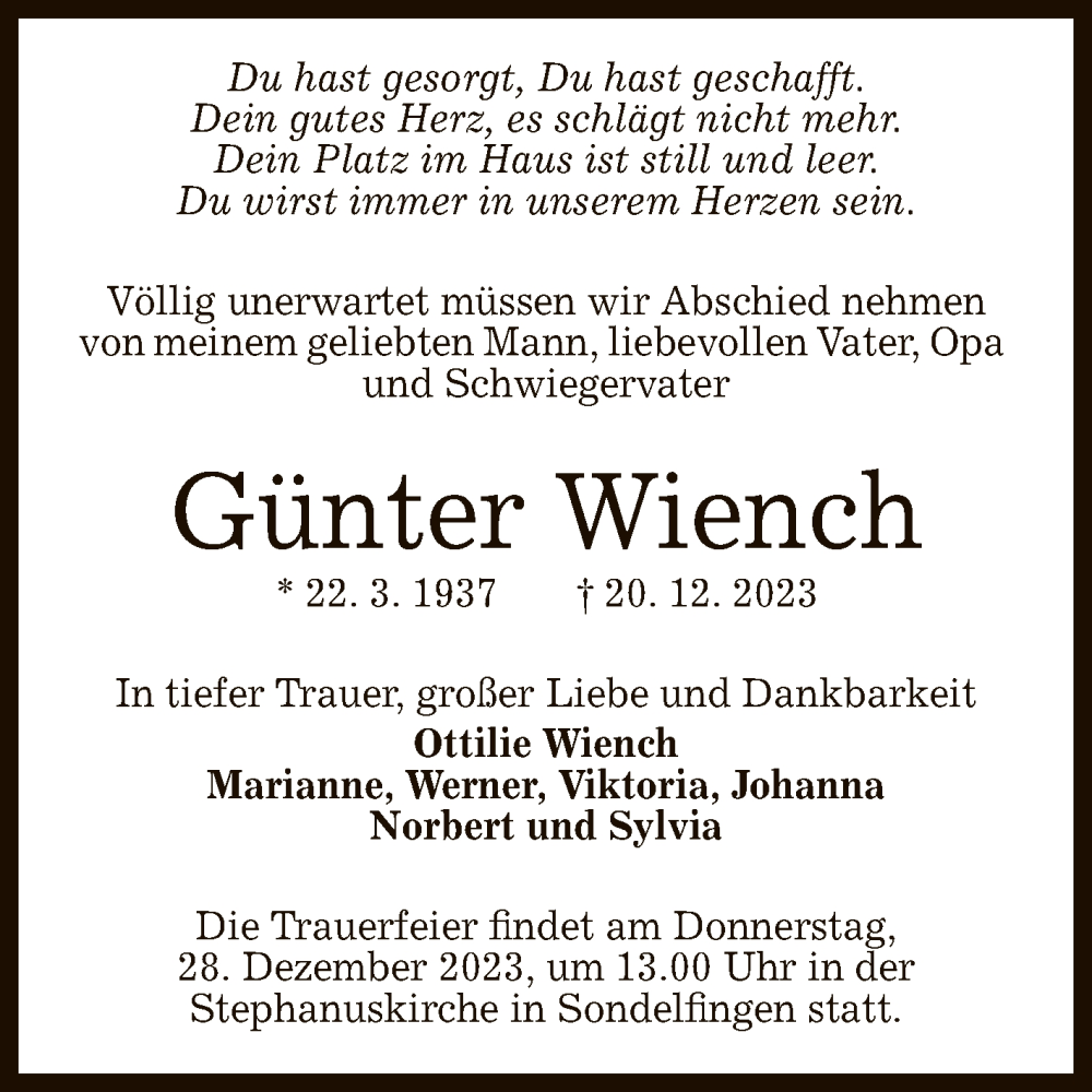  Traueranzeige für Günter Wiench vom 23.12.2023 aus Reutlinger General-Anzeiger