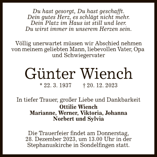 Anzeige von Günter Wiench von Reutlinger General-Anzeiger