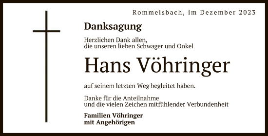 Anzeige von Hans Vöhringer von Reutlinger General-Anzeiger