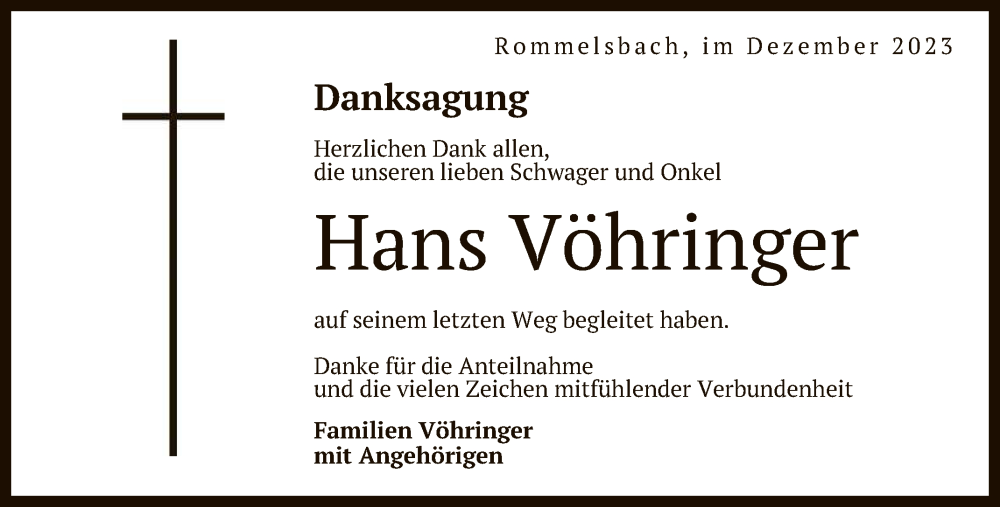 Traueranzeige für Hans Vöhringer vom 16.12.2023 aus Reutlinger General-Anzeiger