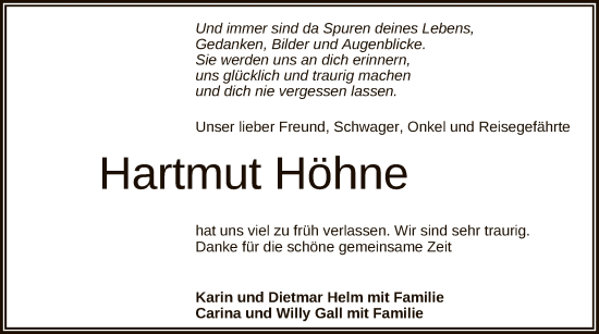 Anzeige von Hartmut Höhne von Reutlinger General-Anzeiger