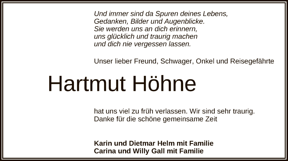  Traueranzeige für Hartmut Höhne vom 23.12.2023 aus Reutlinger General-Anzeiger