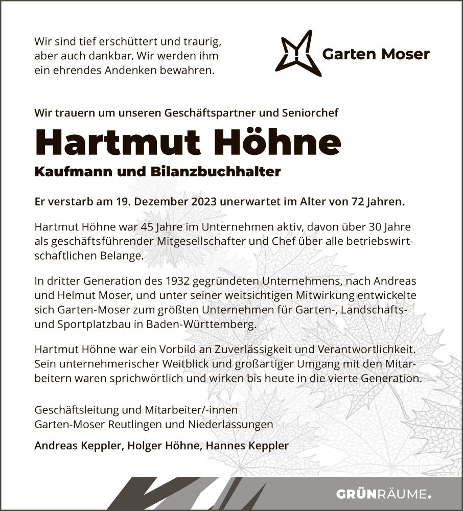  Traueranzeige für Hartmut Höhne vom 23.12.2023 aus Reutlinger General-Anzeiger