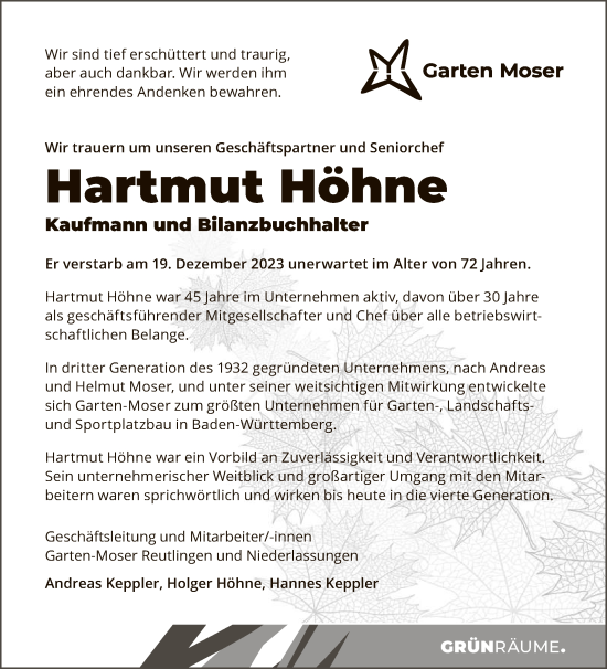Anzeige von Hartmut Höhne von Reutlinger General-Anzeiger