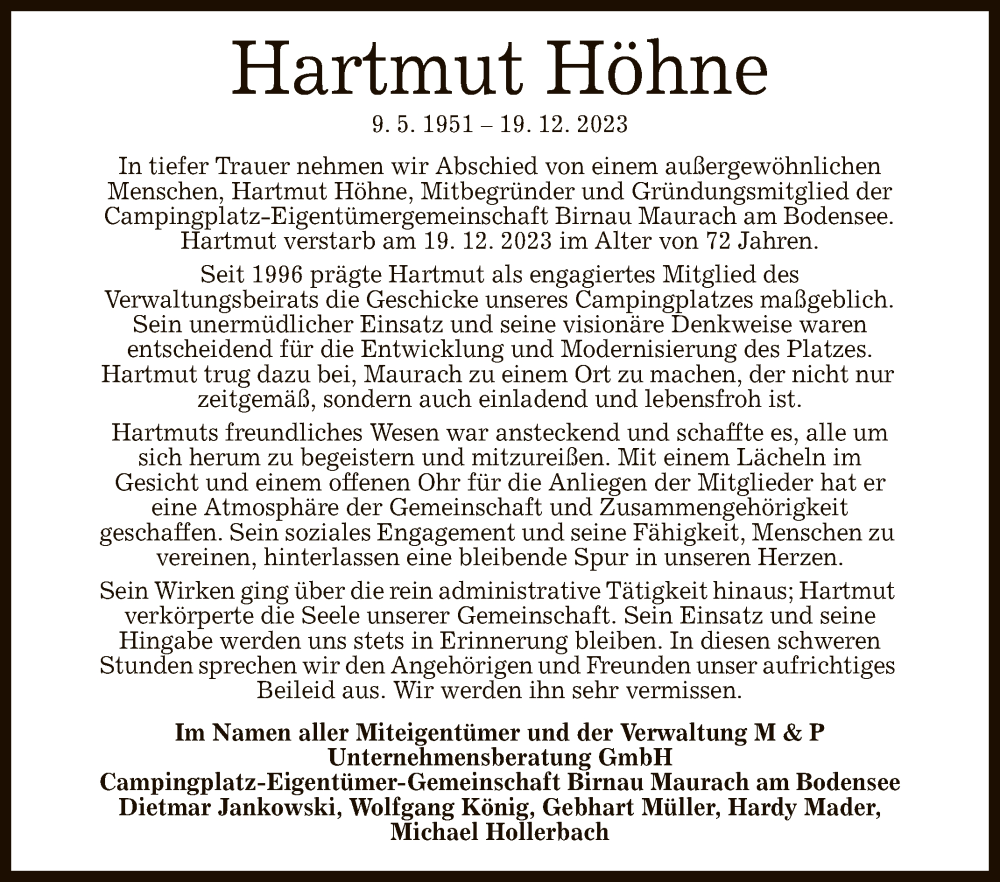  Traueranzeige für Hartmut Höhne vom 28.12.2023 aus Reutlinger General-Anzeiger