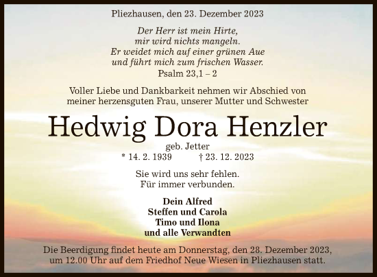 Anzeige von Hedwig Dora Henzler von Reutlinger General-Anzeiger